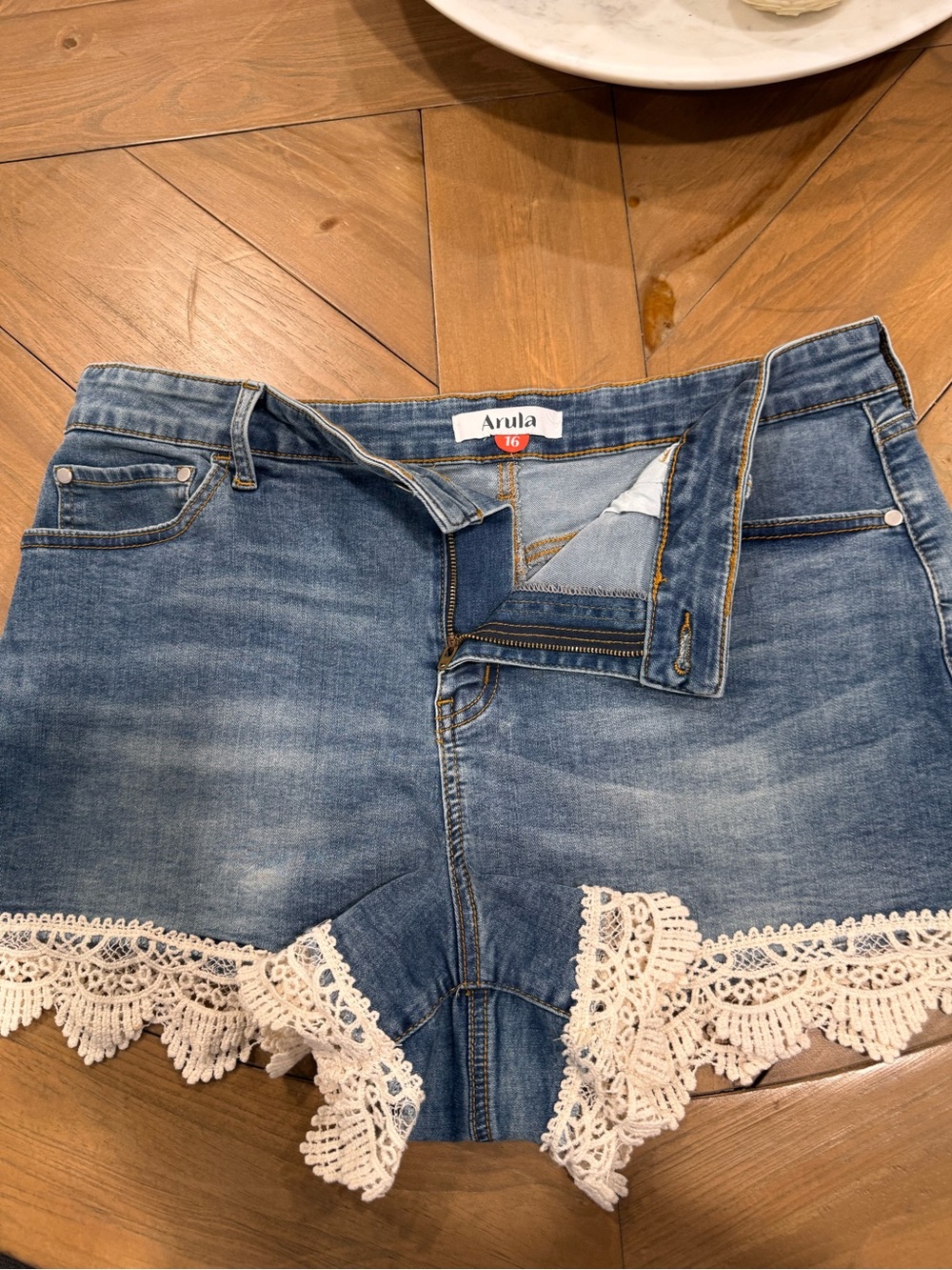 ARULA Blue Denim Shorts with Cream Crochet Hem